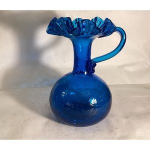 Vintage cobalt blue glass handled vase
